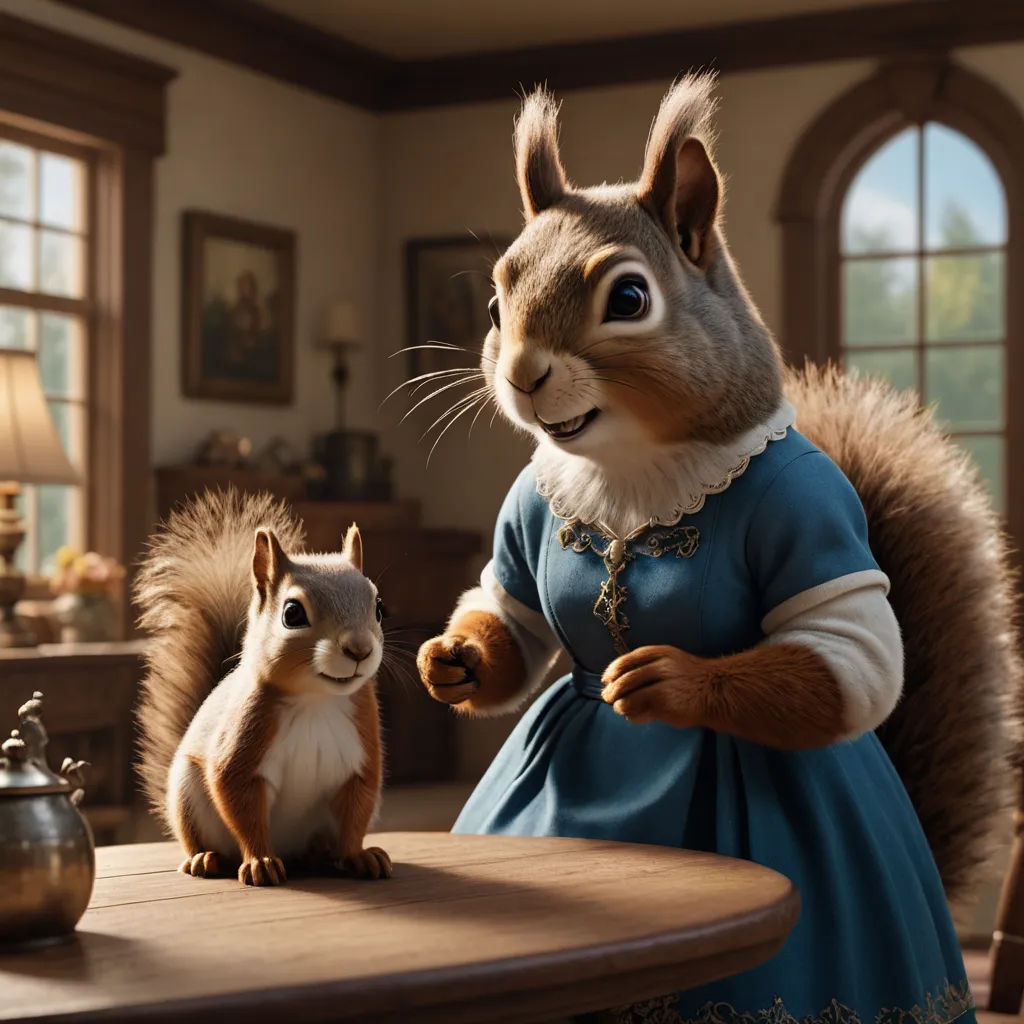 a squirrel and a squirrel are standing next to a table with a squirrel on it's lap and a squirrel on the table, furry art, a storybook illustration, Chris LaBrooy, promotional image