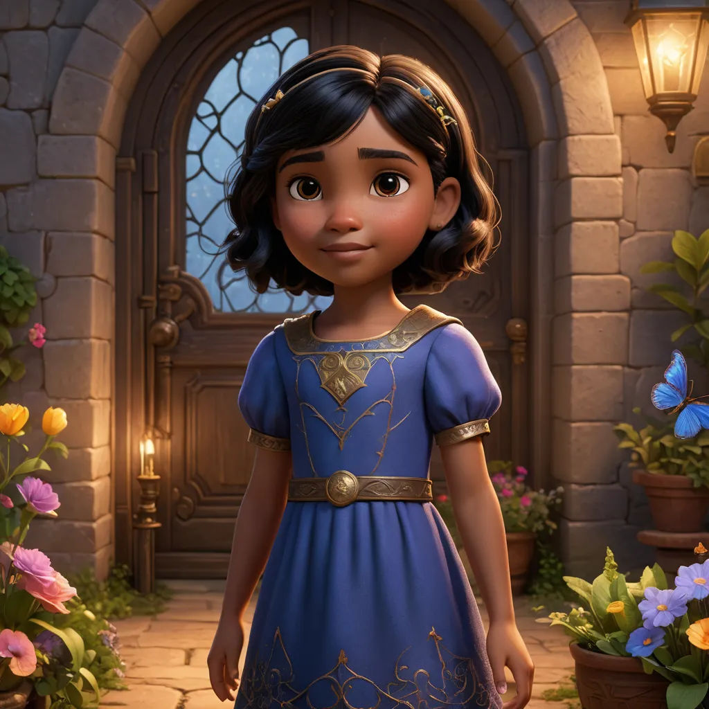 a young girl in a blue dress standing in front of a doorway with flowers and a butterfly in it, photorealism, a character portrait, Ada Gladys Killins, unreal engine highly rendered