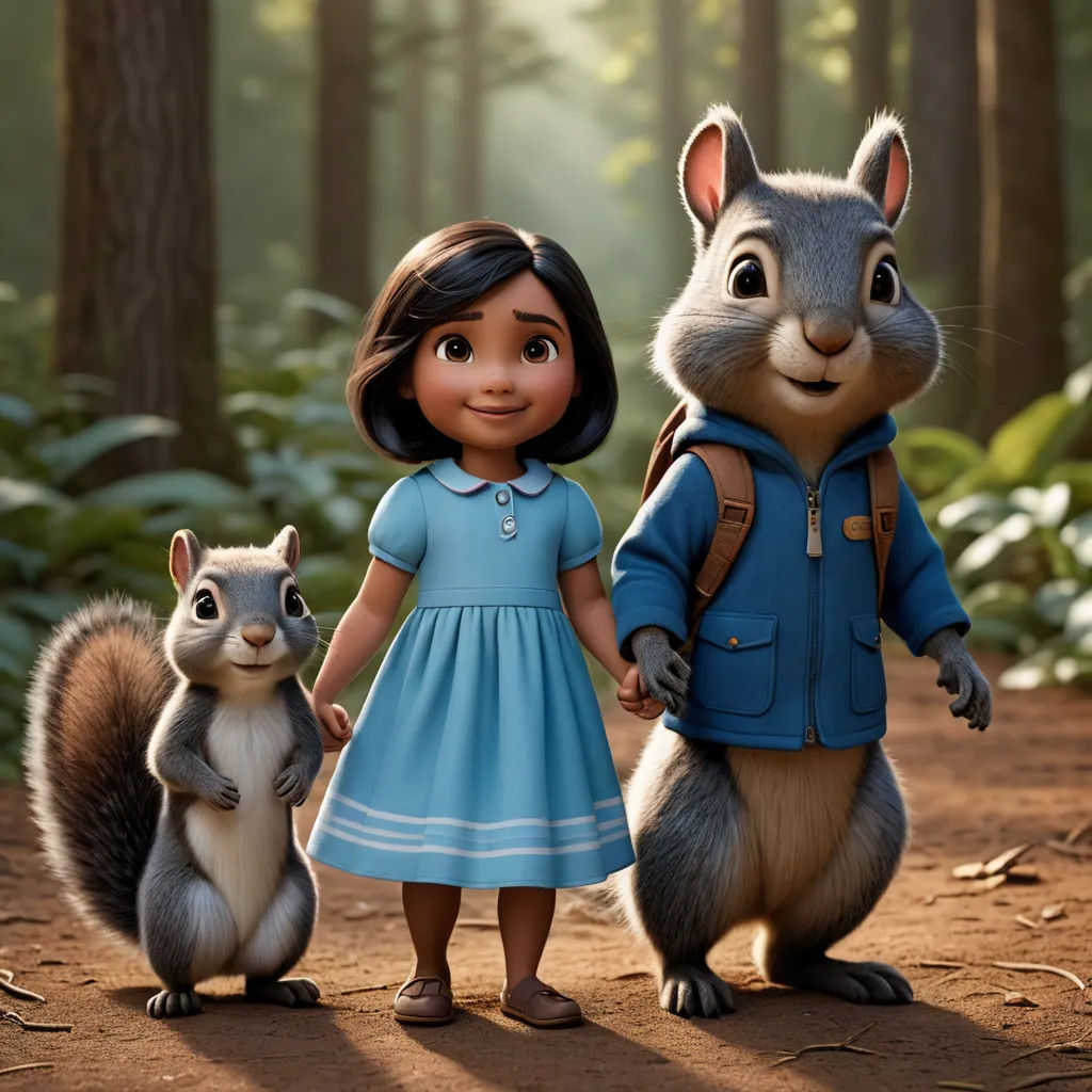a girl and a squirrel are standing in the woods together, holding hands and looking at the camera, with a forest background, furry art, a poster, Chris LaBrooy, promotional image
