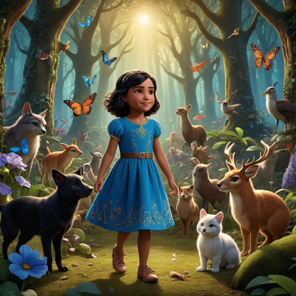 a girl in a blue dress standing in a forest with animals and butterflies around her and a butterfly in the sky, magical realism, a storybook illustration, Ella Guru, promotional image