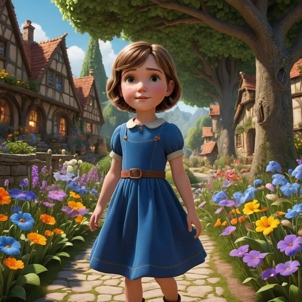 a little girl in a blue dress standing in a garden with flowers and trees in the background, looking at the camera, arts and crafts movement, a detailed matte painting, Anne Said, unreal engine highly rendered
