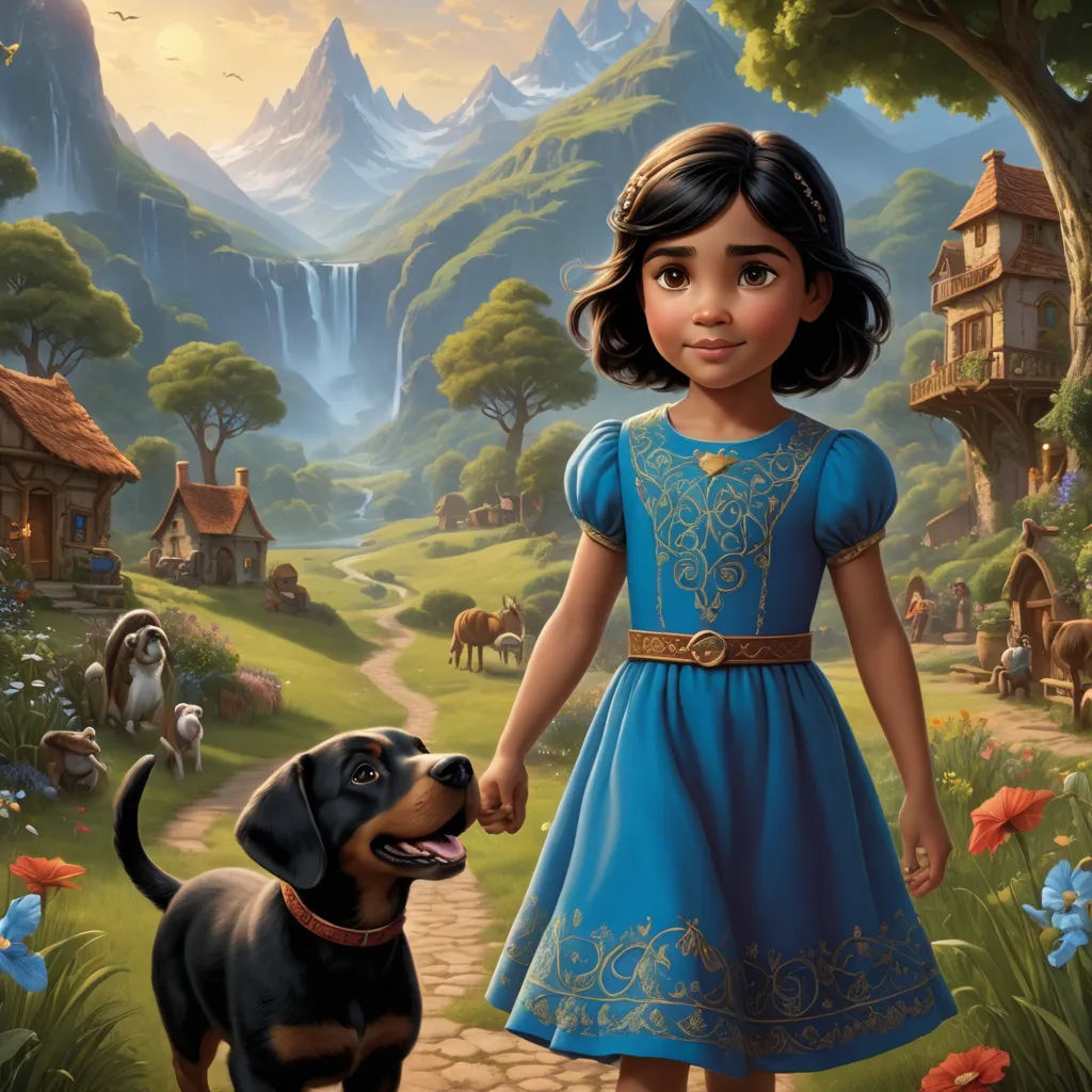 a painting of a girl and a dog in a forest with a mountain background and a waterfall in the distance, furry art, a storybook illustration, Evaline Ness, promotional image