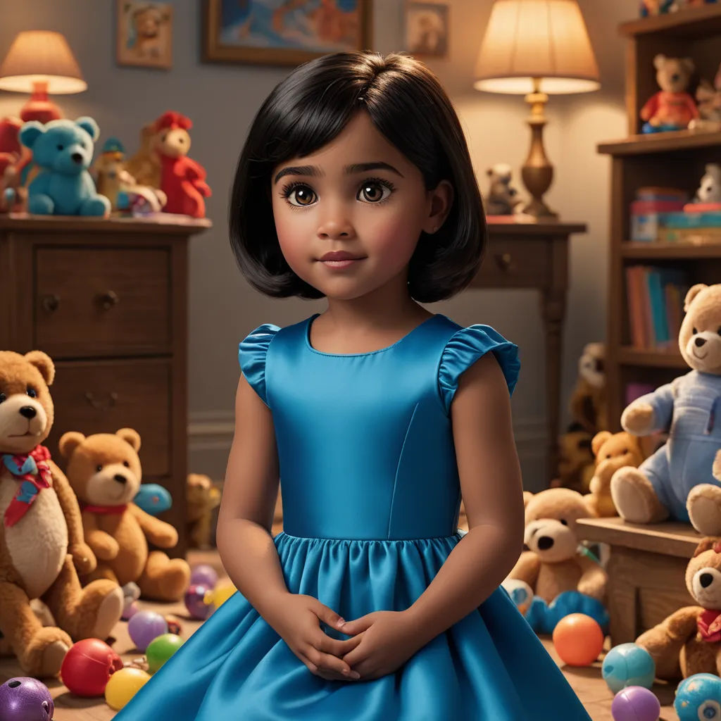 a little girl in a blue dress standing in a room full of teddy bears and other toys in the background, photorealism, a character portrait, disney, pixar and disney animation
