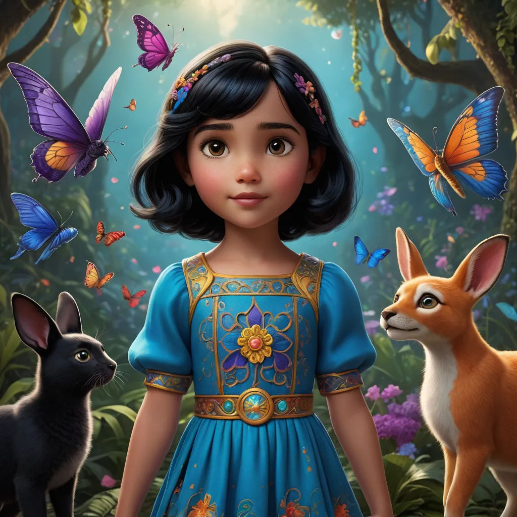a painting of a girl and a dog in a forest with butterflies and butterflies around her and a deer, magical realism, a character portrait, Ella Guru, promotional image