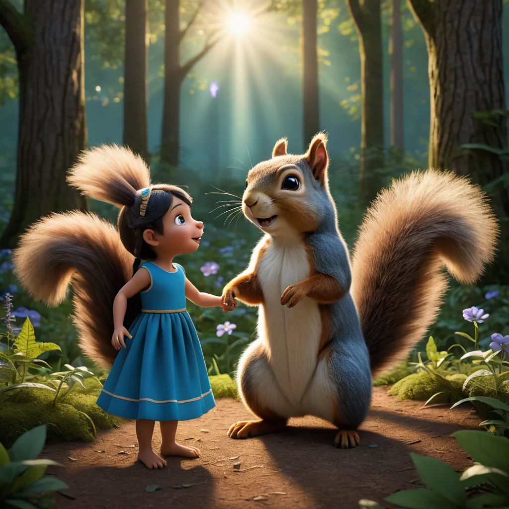 a girl and a squirrel in a forest with sunlight shining through the trees and flowers on the ground,, furry art, a poster, Chris LaBrooy, promotional image