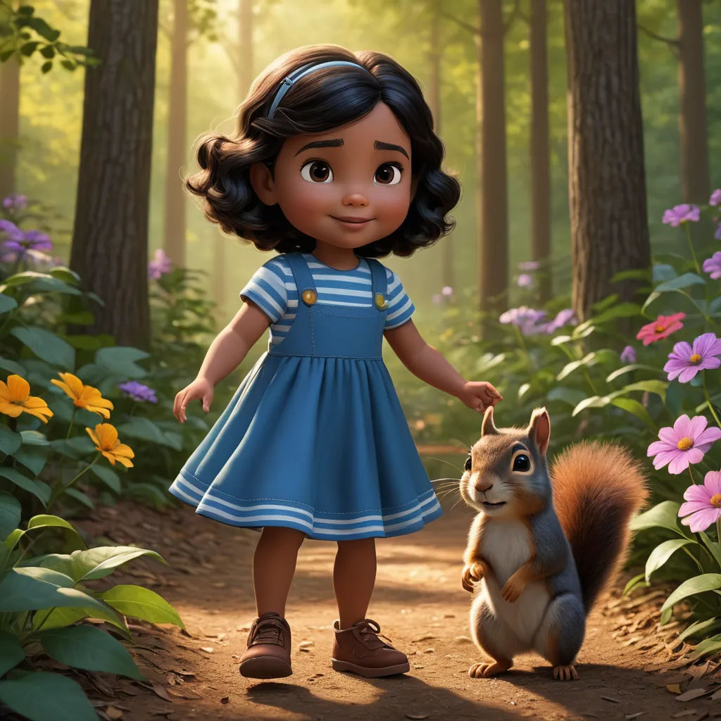 a little girl in a blue dress standing next to a squirrel in a forest with flowers and trees in the background, furry art, a character portrait, Chippy, promotional image