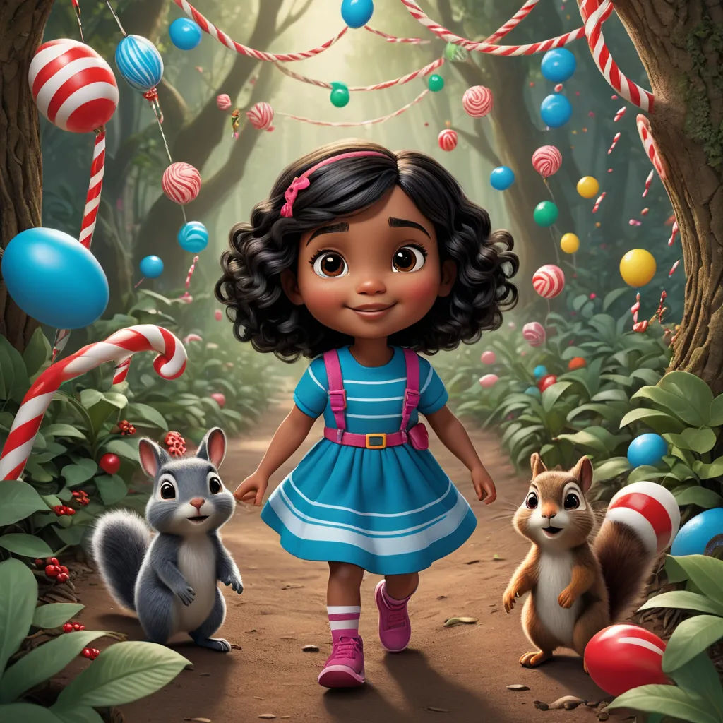 a cartoon girl is walking through a forest with her animals and candy canes hanging from the ceiling and balloons, american scene painting, a character portrait, Chris LaBrooy, promotional image