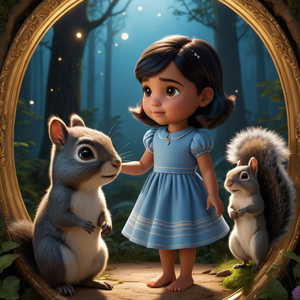 a girl in a blue dress standing next to two squirrels in a forest with a mirror behind her and a forest scene behind her, furry art, a character portrait, Evaline Ness, promotional image