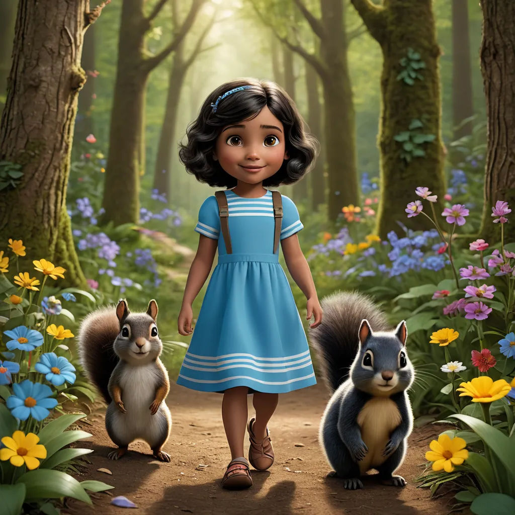 a girl in a blue dress standing next to two squirrels in a forest with flowers and trees in the background, furry art, a poster, disney, promotional image