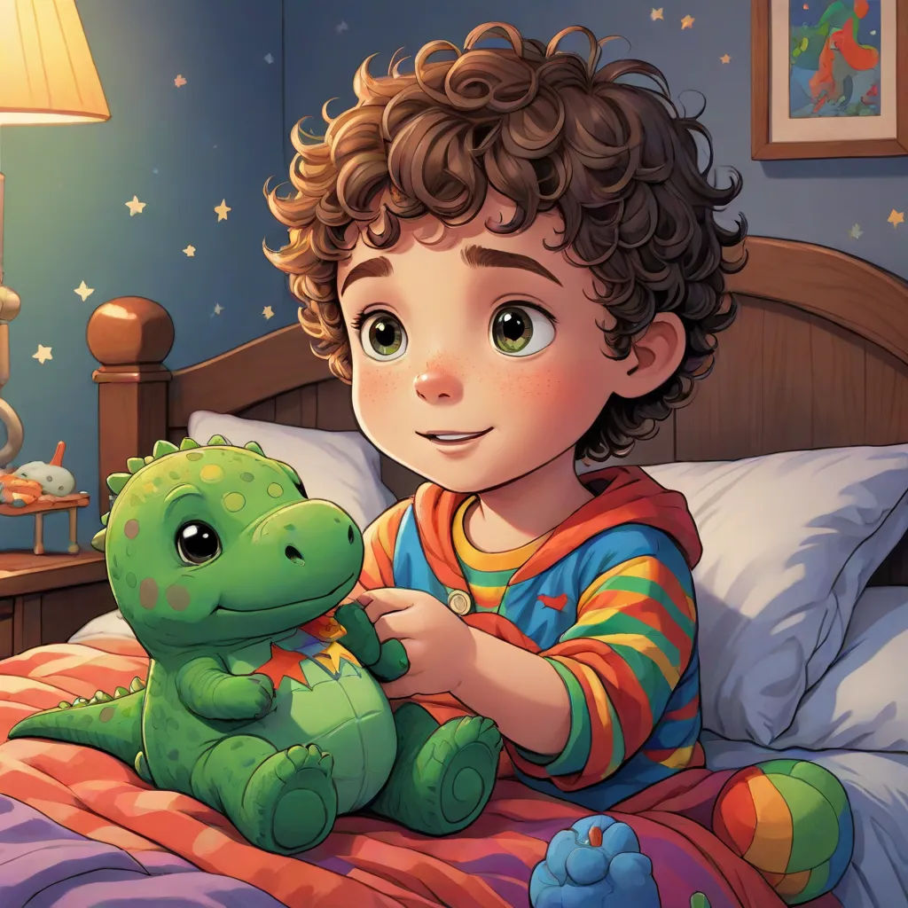 a boy in a bed holding a green stuffed animal and smiling at the camera with a star lit bedroom in the background, photorealism, a storybook illustration, Adam Rex, storybook illustration