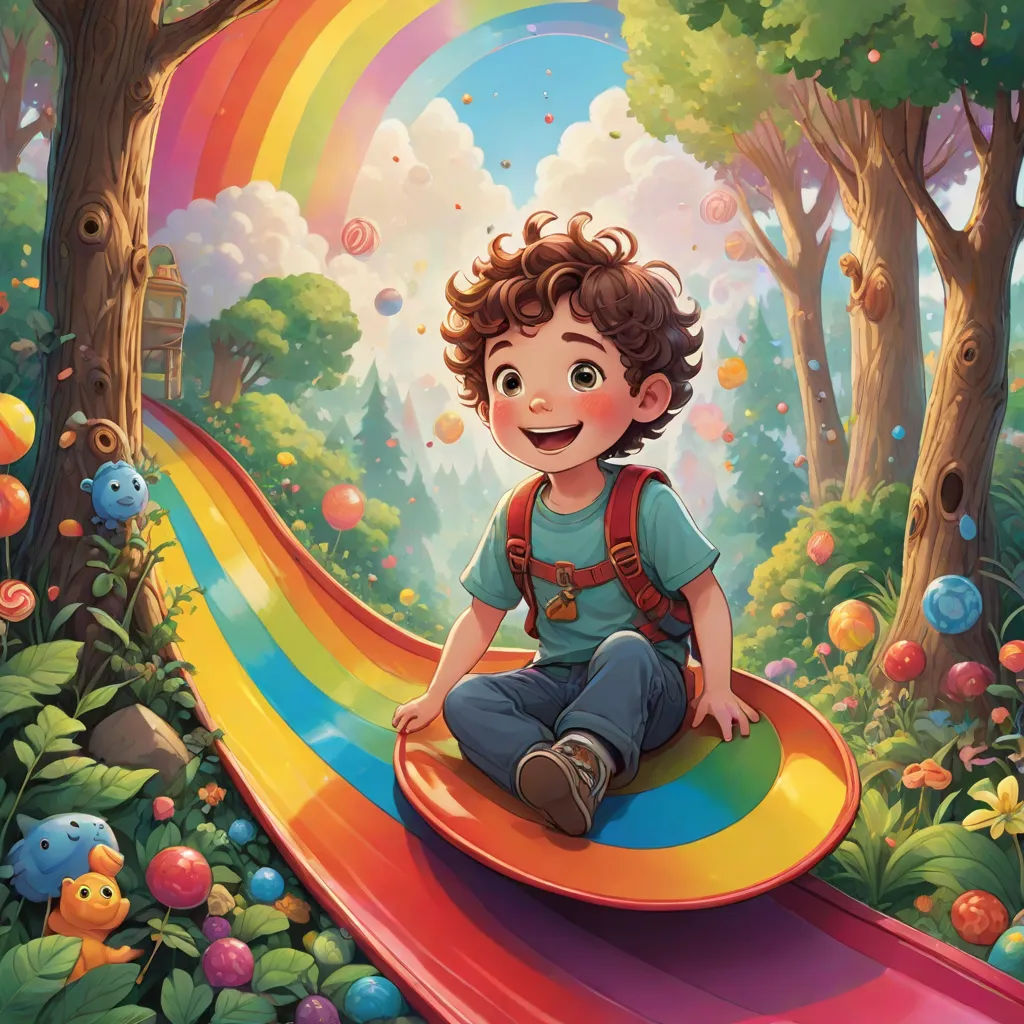 a boy is sitting on a rainbow slide in the forest with a rainbow in the background and a rainbow in the foreground, fantasy art, a storybook illustration, Aaron Jasinski, highly detailed digital painting