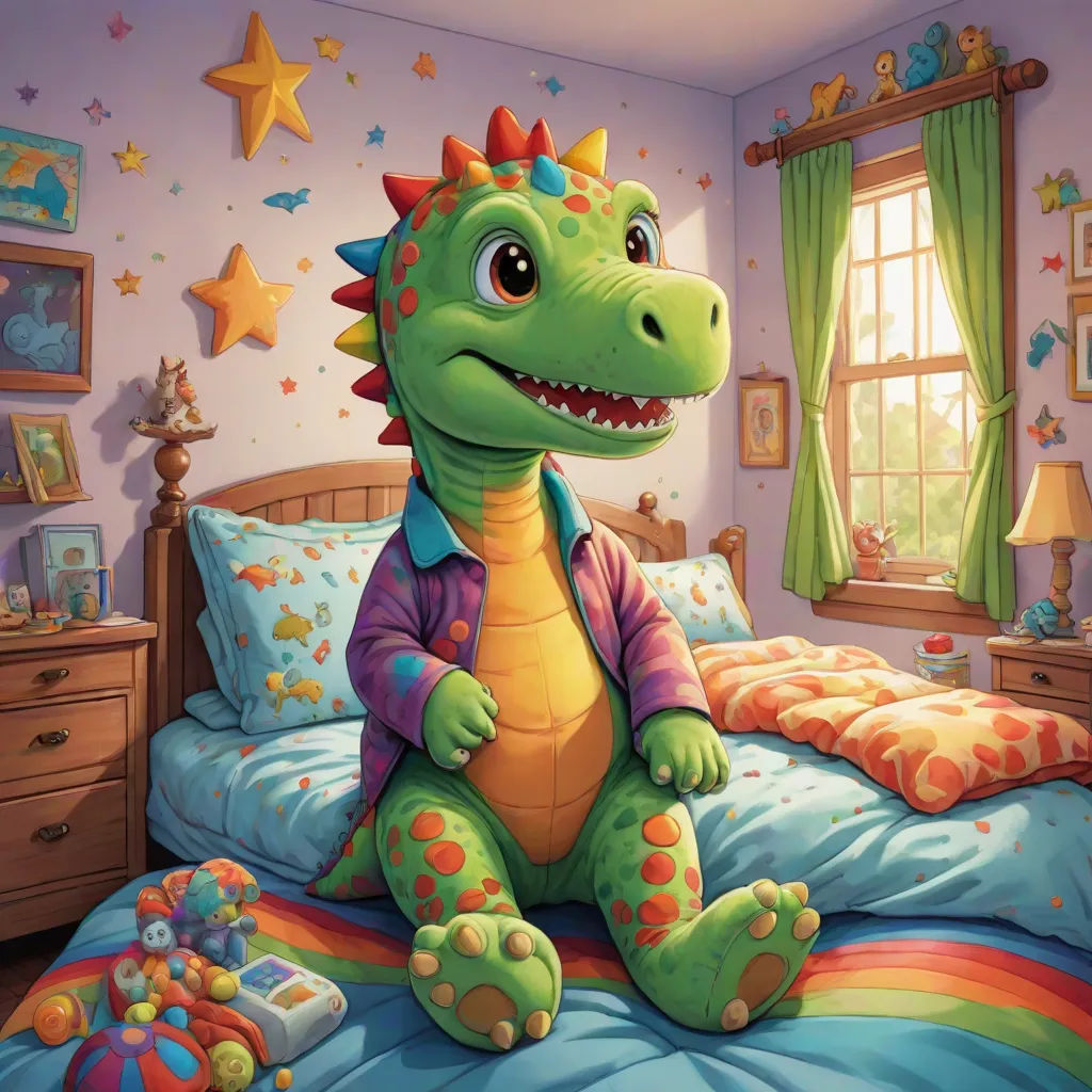 a cartoon dinosaur sitting on a bed with a rainbow blanket and pillows in a bedroom with a window and a toy, furry art, a storybook illustration, Adam Rex, professional digital painting