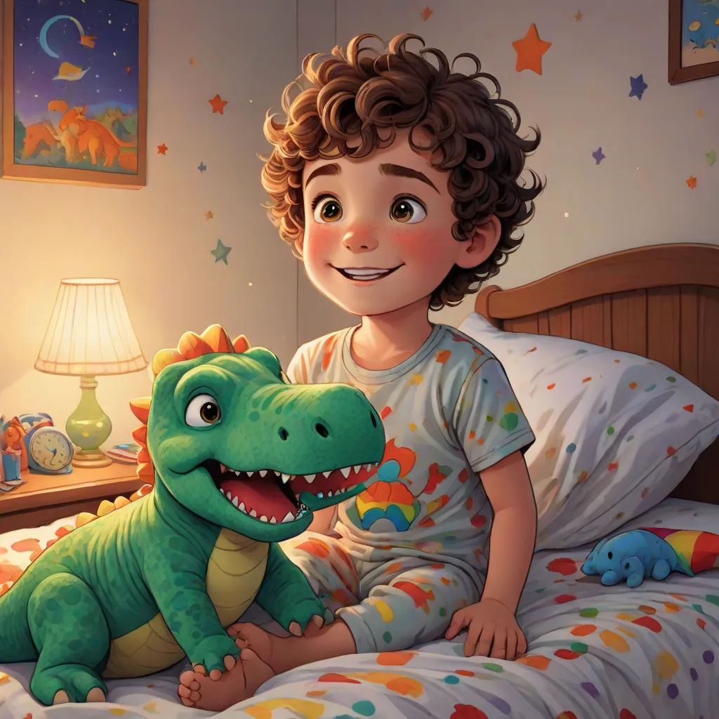 a boy in bed with a dinosaur toy in his hand and a lamp on the nightstand behind him,, photorealism, a storybook illustration, Adam Rex, storybook illustration