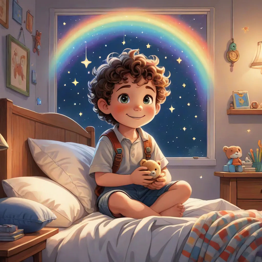 a boy sitting on a bed holding a teddy bear in his hands and a rainbow in the background with stars, fantasy art, a storybook illustration, Aaron Jasinski, rossdraws global illumination