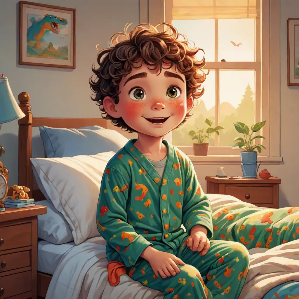 a boy in pajamas sitting on a bed in a bedroom with a window and a plant in the corner, photorealism, a storybook illustration, Aaron Jasinski, storybook illustration