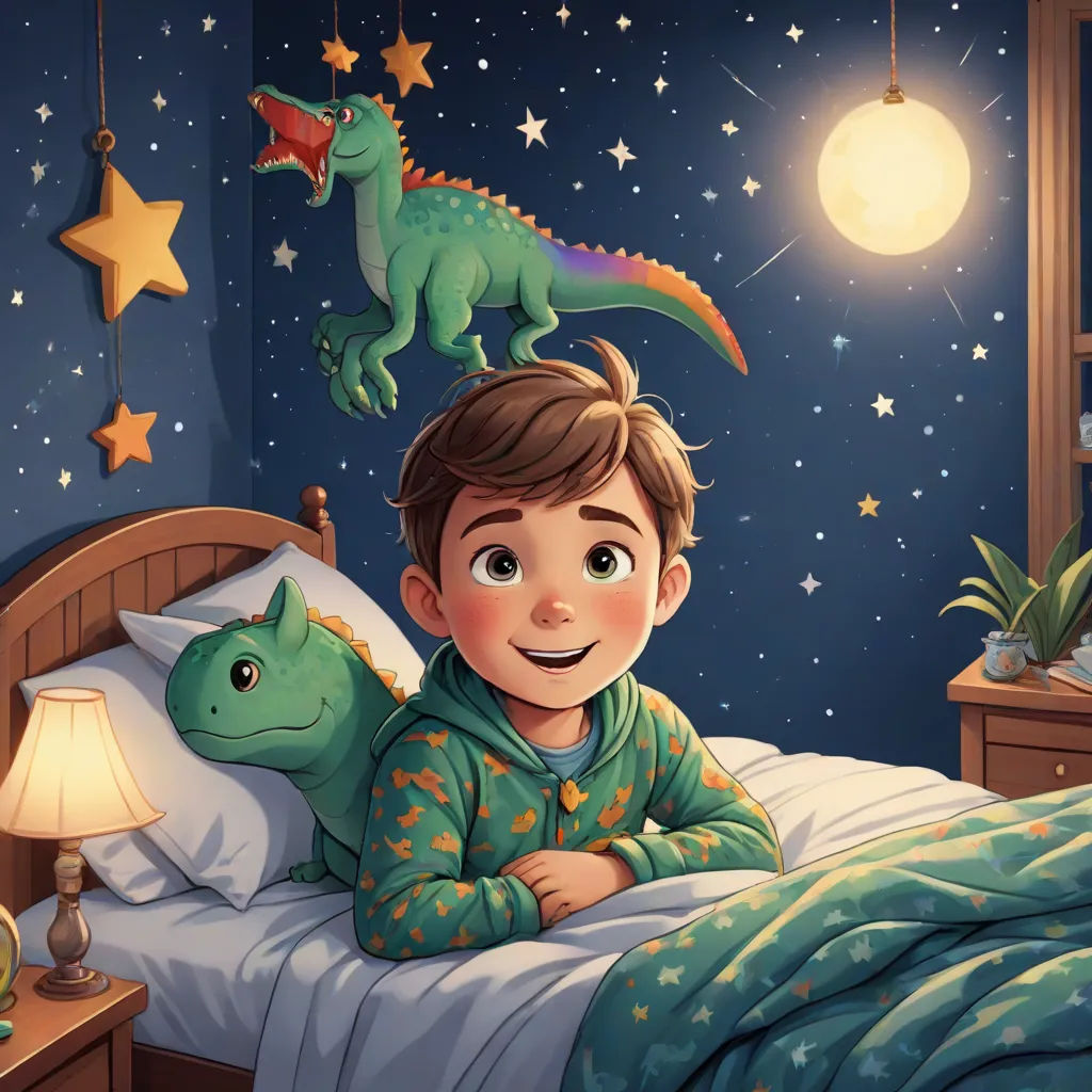 a boy in pajamas laying in bed with a dinosaur on his head and a dinosaur on his head above him, space art, a storybook illustration, Adam Rex, storybook illustration