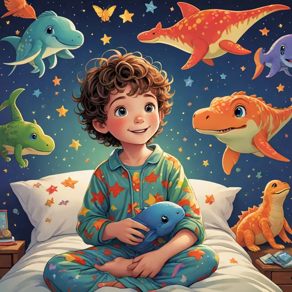 a boy sitting on a bed with a stuffed animal in his lap and a bunch of dinosaurs around him, space art, a storybook illustration, Adam Rex, storybook illustration