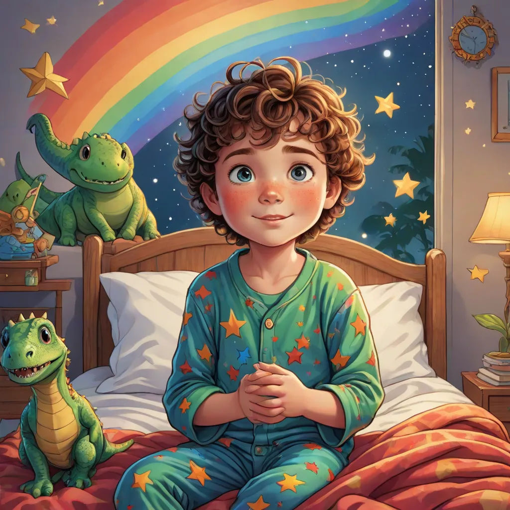 a boy sitting on a bed with a rainbow in the background and a dinosaur on the bed next to him, space art, a storybook illustration, Adam Rex, storybook illustration