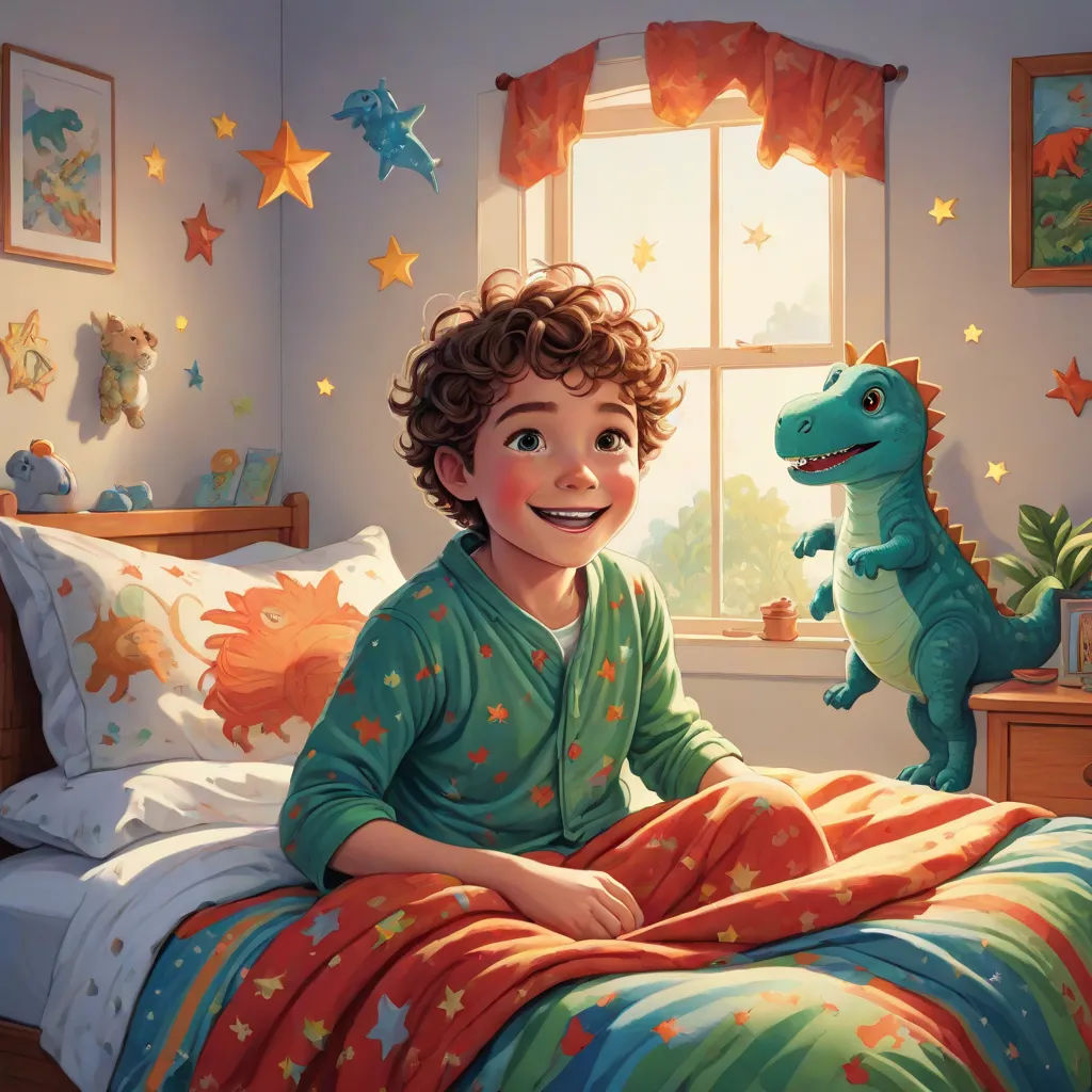 a boy in pajamas sitting on a bed with a dinosaur toy in the corner of the room next to him, photorealism, a storybook illustration, Adam Rex, rossdraws global illumination
