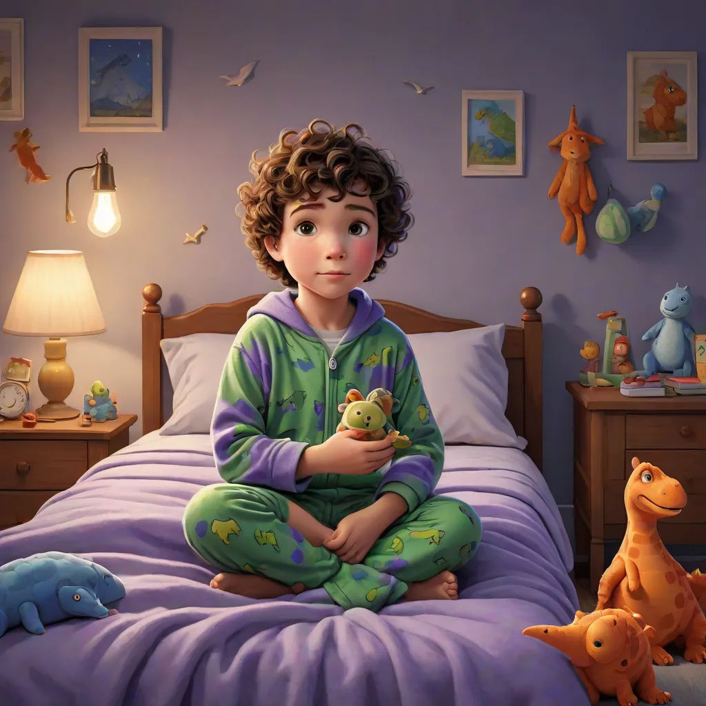 a boy sitting on a bed with stuffed animals around him and a stuffed dinosaur on the bed in front of him, photorealism, a storybook illustration, Adam Rex, pixar and disney animation