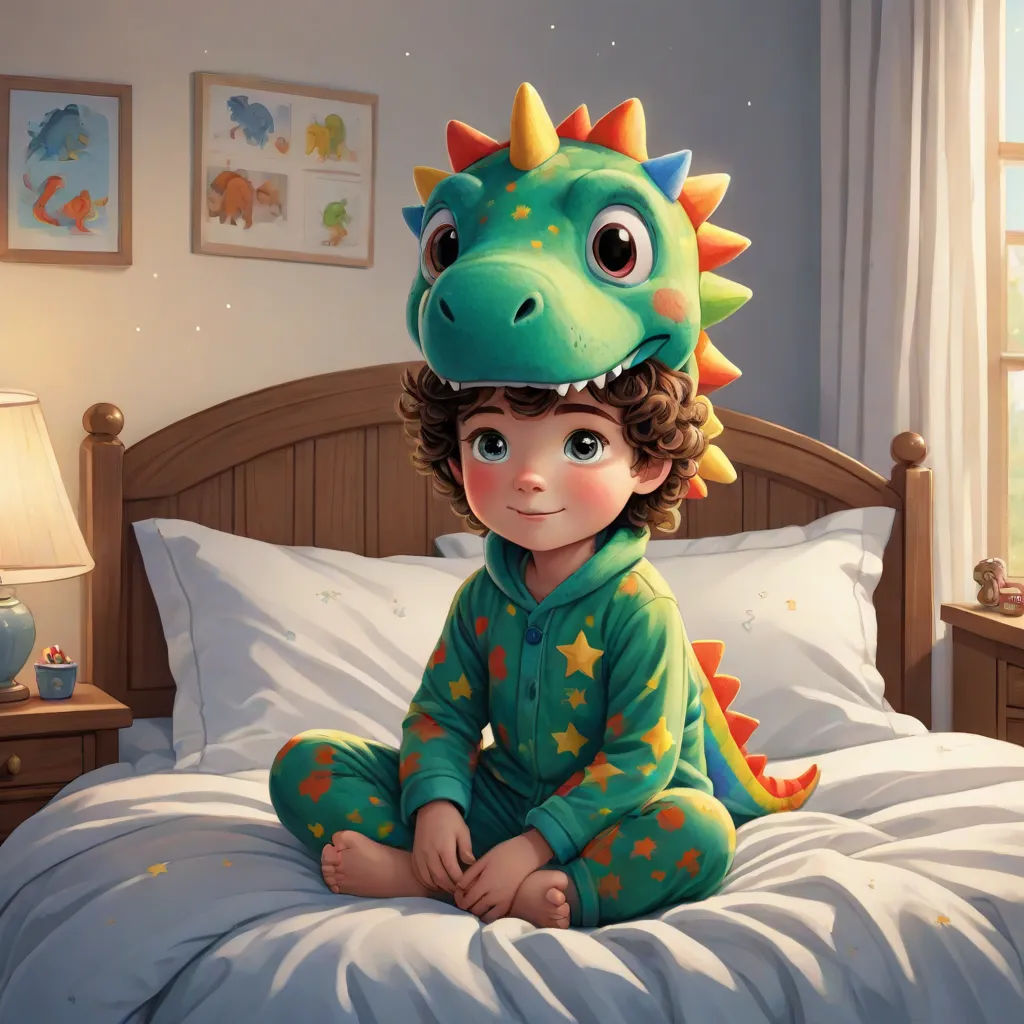 a child in a dinosaur costume sitting on a bed with a pillow and a lamp on the side of the bed, fantasy art, a storybook illustration, Adam Rex, stanley artgerm lau