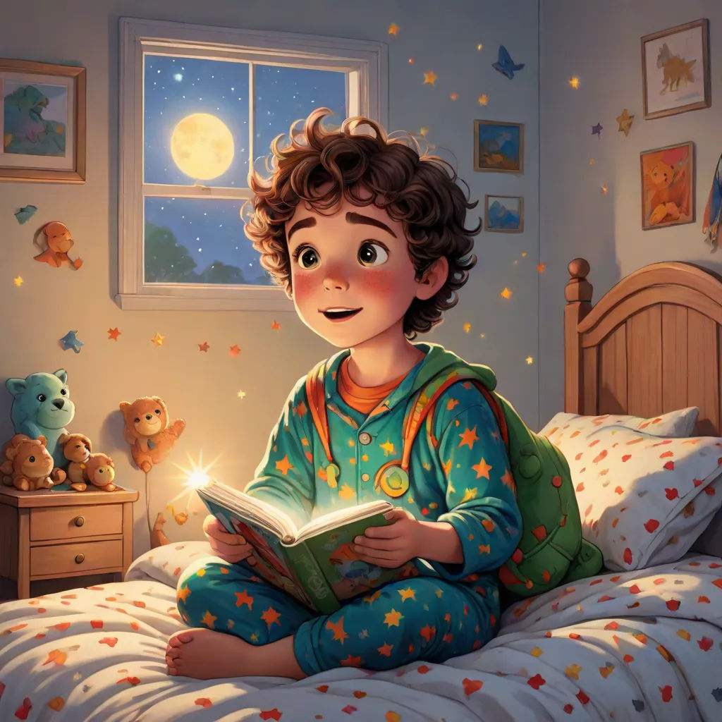 a boy sitting on a bed reading a book at night with a teddy bear nearby and a window with stars, fantasy art, a storybook illustration, Alejandro Burdisio, storybook illustration