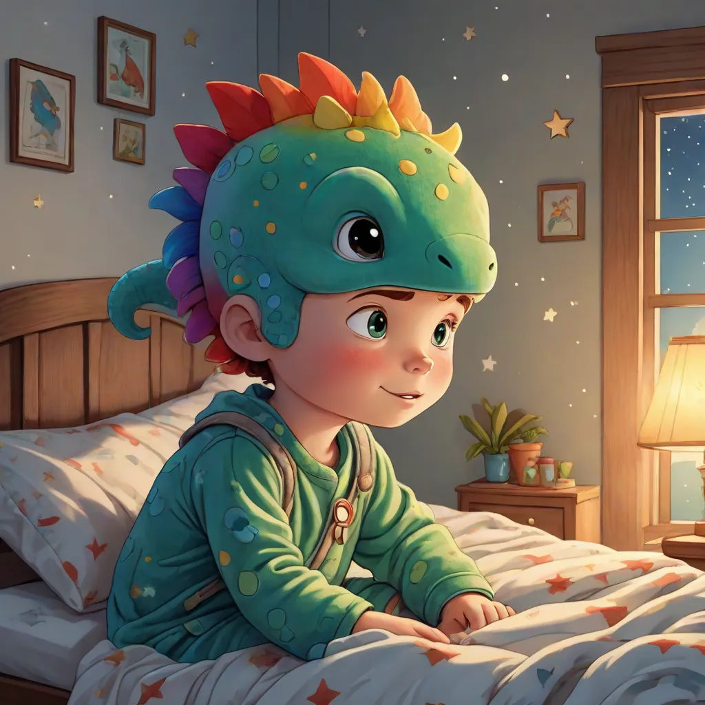 a child in a dinosaur hat laying on a bed in a bedroom with a window and a lamp on, fantasy art, a storybook illustration, Adam Rex, trending on art station