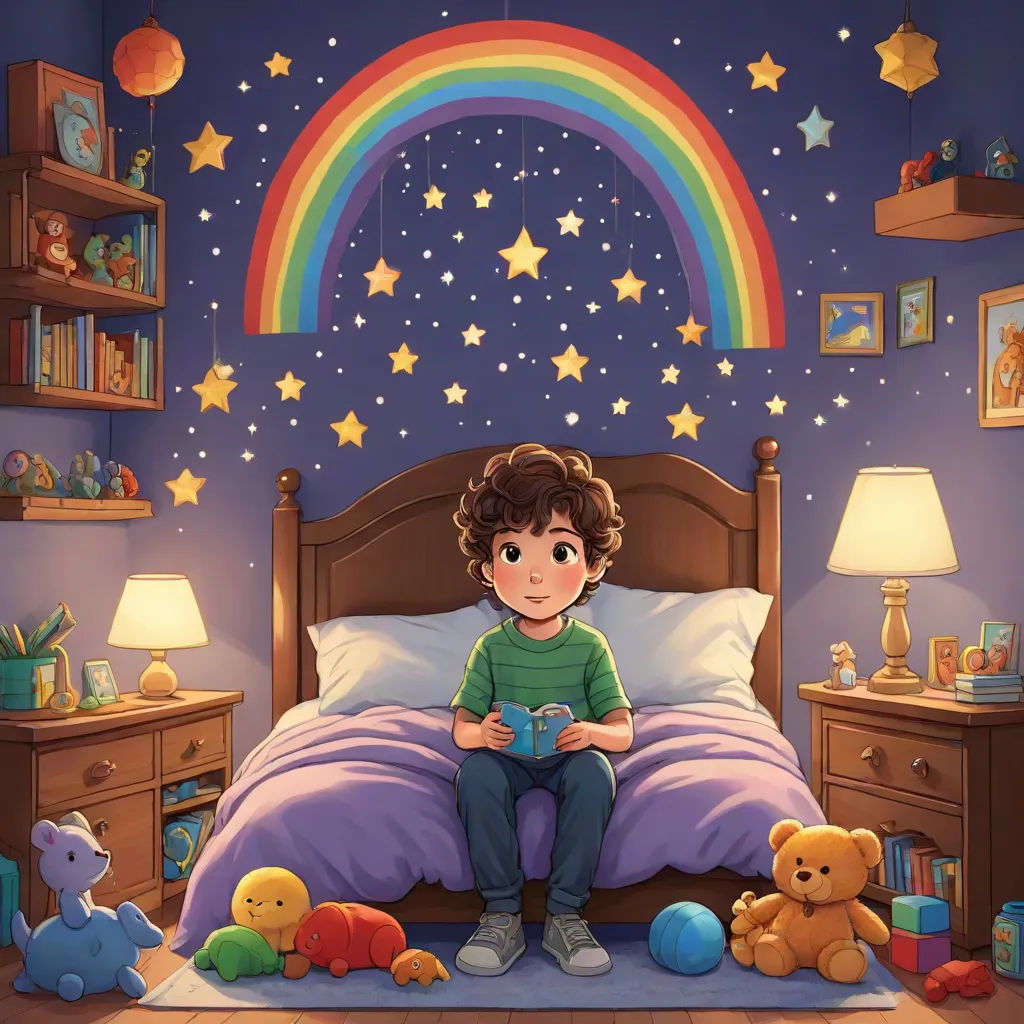 a boy sitting on a bed reading a book in a bedroom with a rainbow in the background and stars on the wall, sots art, a storybook illustration, Diego Gisbert Llorens, storybook illustration