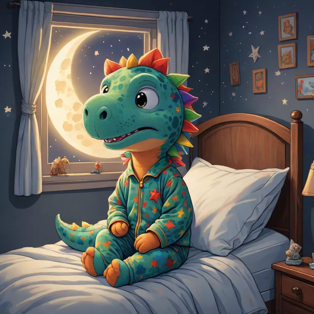 a cartoon dinosaur sitting on a bed in a bedroom with a window and a night sky behind it,, furry art, a storybook illustration, Adam Rex, storybook illustration