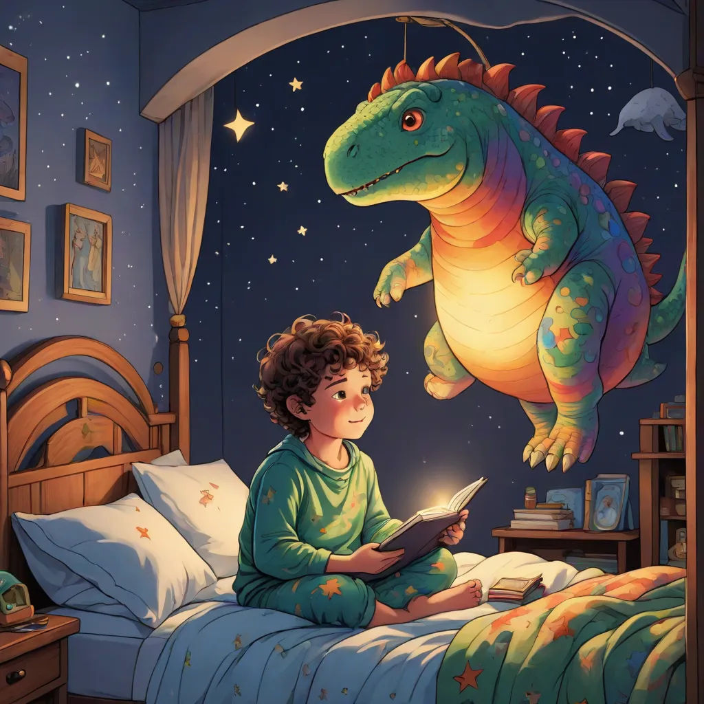 a boy sitting on a bed reading a book to a dinosaur that is flying above him in the night sky, fantasy art, a storybook illustration, Adam Rex, storybook illustration
