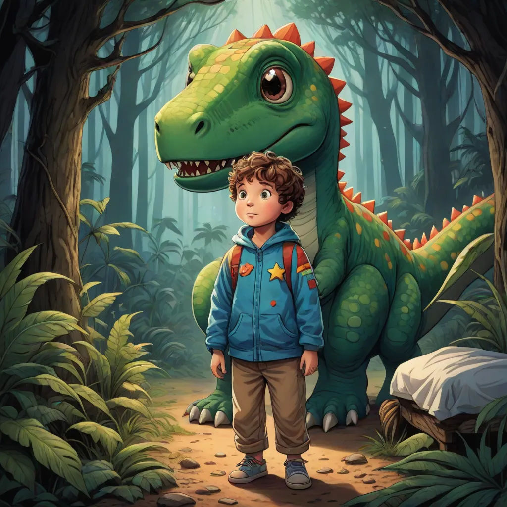 a boy standing in front of a dinosaur in a forest with a tent on the ground and a sleeping bag on the ground, fantasy art, a storybook illustration, Adam Rex, rossdraws global illumination