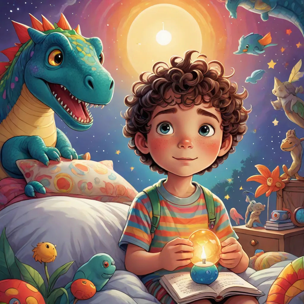 a boy sitting on a bed with a dragon next to him and a candle in his hand, in front of a dragon and a boy reading a book, fantasy art, a storybook illustration, Adam Rex, rossdraws global illumination