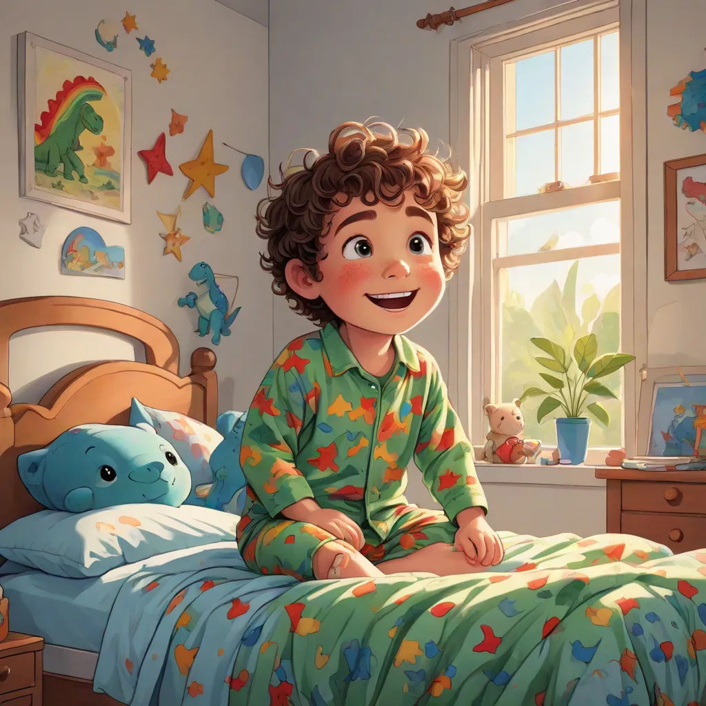a boy in pajamas sitting on a bed in a bedroom with a dinosaur pillow and a stuffed animal toy, photorealism, a storybook illustration, Adam Rex, rossdraws global illumination