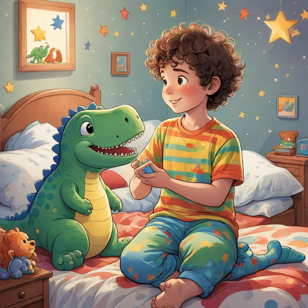 a boy sitting on a bed next to a dinosaur toy and a stuffed animal toy in his hand,, lyco art, a storybook illustration, Adam Rex, storybook illustration