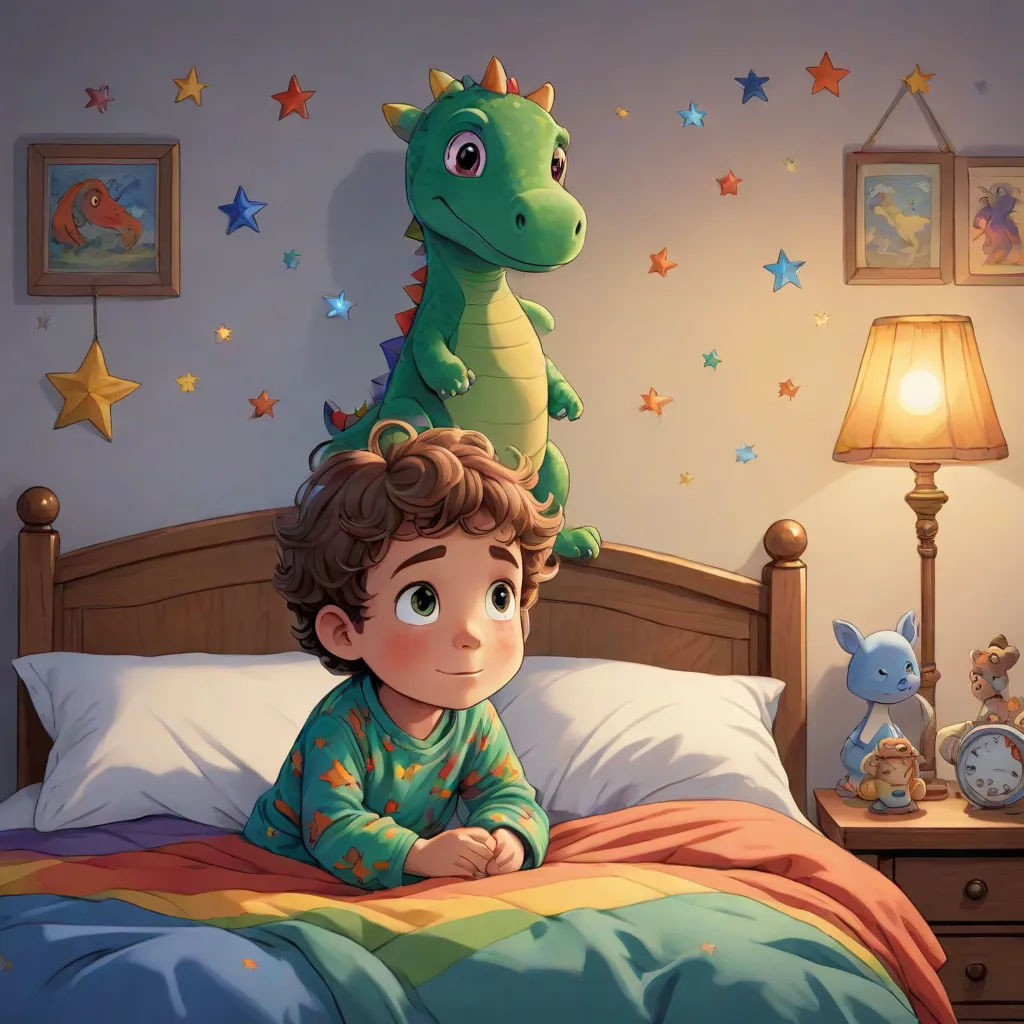 a boy laying in bed with a dinosaur on his head and a dinosaur on his head on top of him, photorealism, a storybook illustration, Adam Rex, rossdraws global illumination