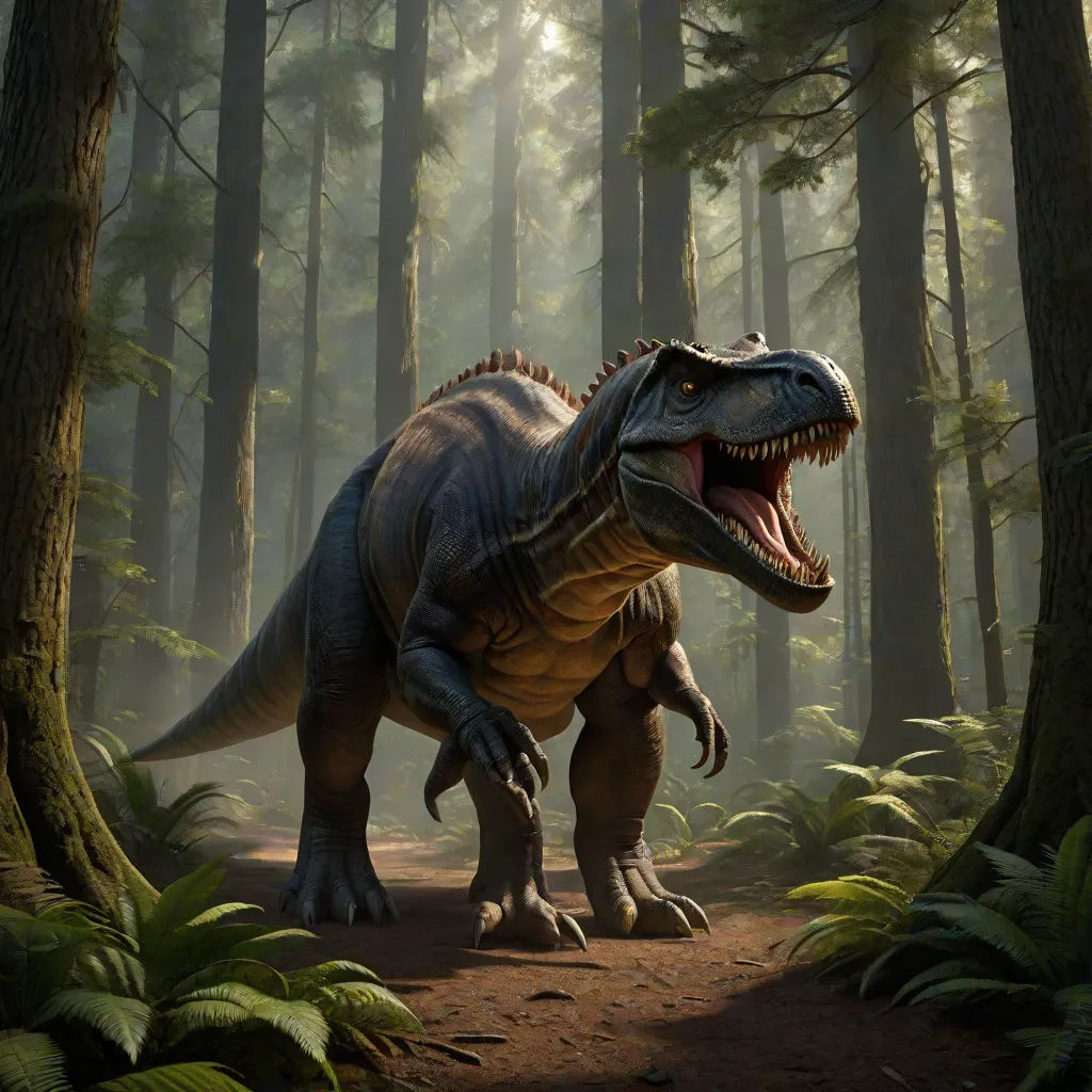 In the heart of the forest, Tiranossauro, the fearsome predator, was on a hunt. His footprints shook the ground as he moved, asserting his dominance over the land.