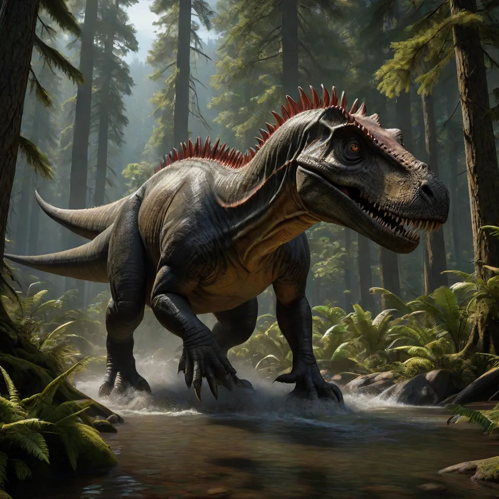 Across the river, Espinossauro, another powerful predator, was also on the prowl. The spines on his back gleamed menacingly under the sunlight, a sight that sent chills down the spine of the smaller creatures.