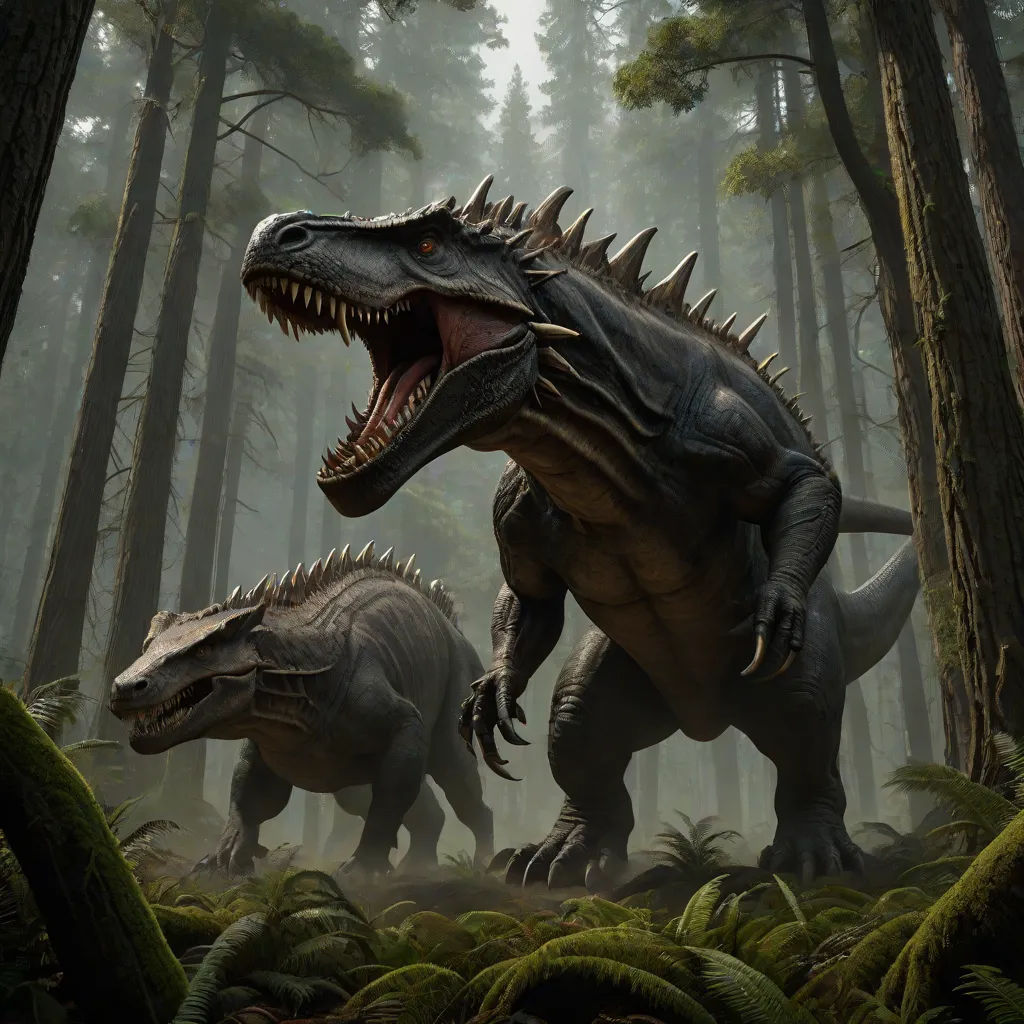 Tiranossauro and Espinossauro, both hunting for their next meal, suddenly sensed each other's presence. The forest held its breath, as a clash of the titans was imminent.