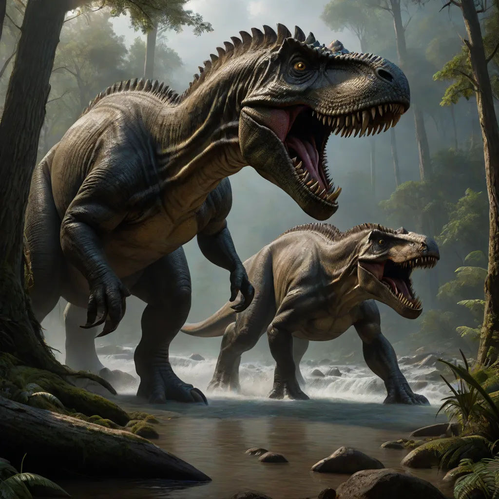 The eyes of Tiranossauro and Espinossauro met across the river, their roars echoing through the forest, a clear challenge to each other's supremacy.