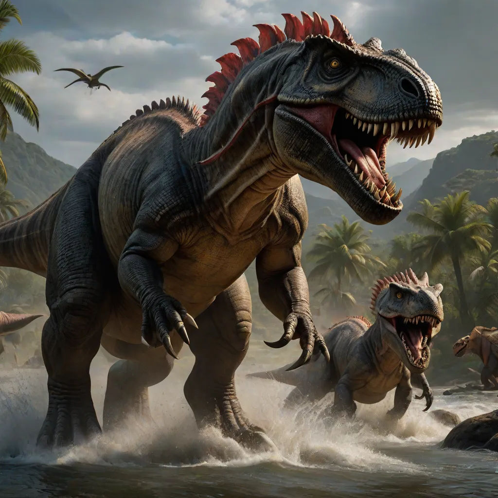 Tiranossauro, with a mighty roar, plunged into the river, charging towards Espinossauro. The spined dinosaur stood his ground, ready to face his opponent.