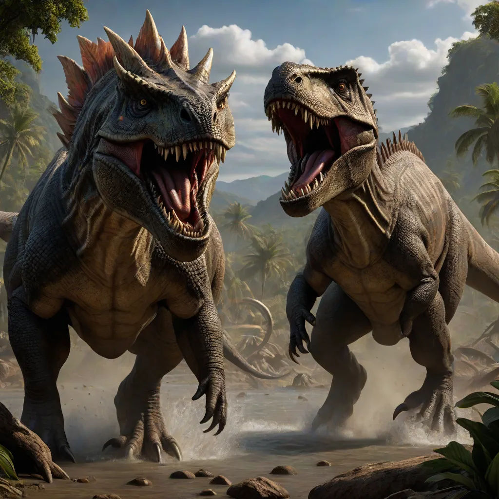The clash was thunderous, each trying to overpower the other. Their roars filled the air, a testament to their might and the ferocity of their battle.