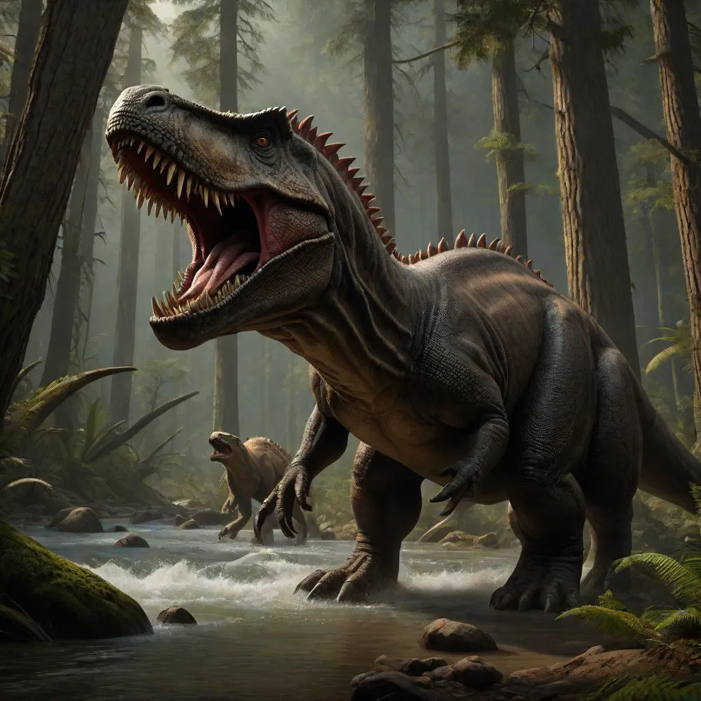 With a swift move, Tiranossauro retaliated, knocking Espinossauro off his feet. The fight was far from over, and the forest watched in silence, anticipating the outcome.
