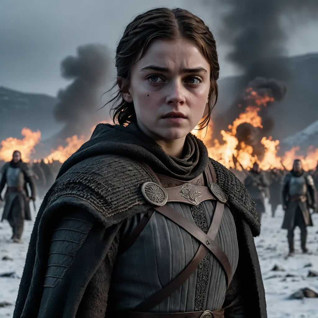 a woman in a costume standing in front of a fire filled field with people in the background and a sky filled with smoke, antipodeans, a renaissance painting, Ada Gladys Killins, vfx