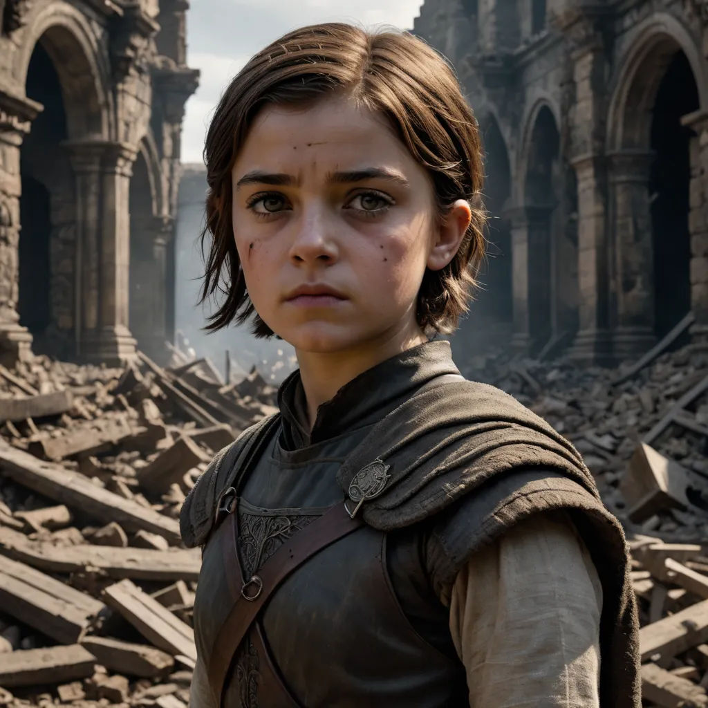 a woman in a brown outfit standing in a destroyed building with a sky background and a building with a clock tower, antipodeans, a detailed matte painting, Ada Gladys Killins, vfx