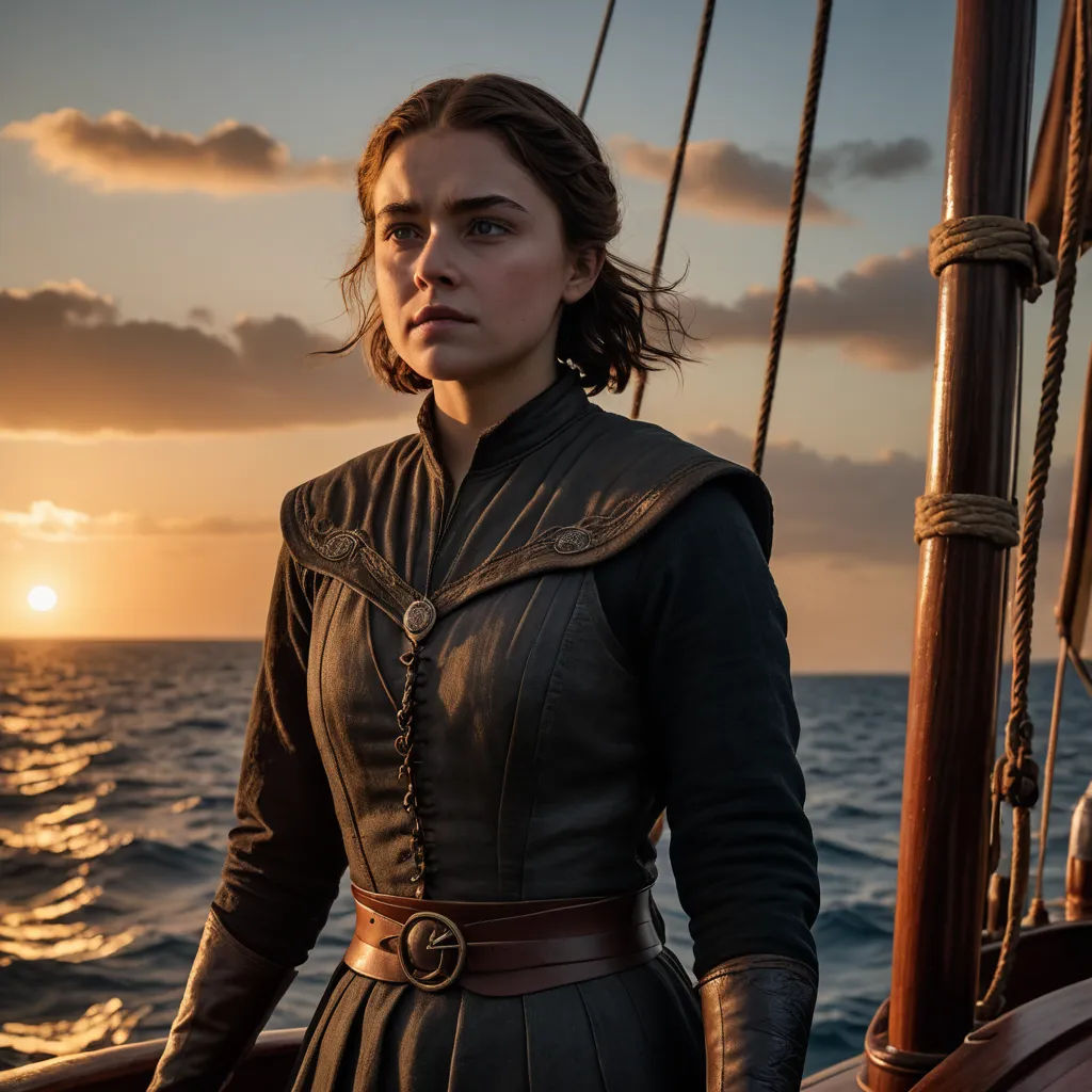 a woman in a dress standing on a boat in the ocean at sunset or sunrise time, with the sun setting behind her, renaissance, a renaissance painting, Ada Gladys Killins, promotional image