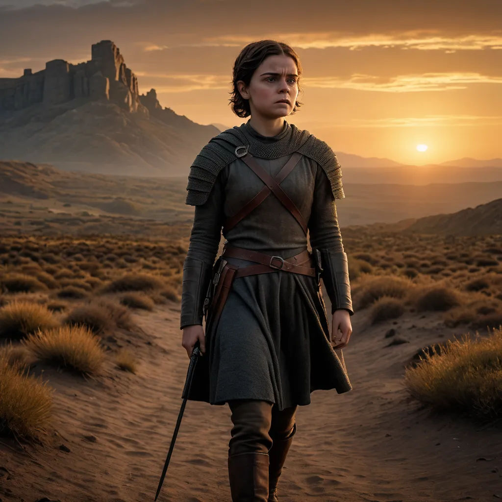 a woman in a dress and a sword walking through a desert area at sunset with a mountain in the background, antipodeans, a detailed matte painting, Ada Gladys Killins, promotional image