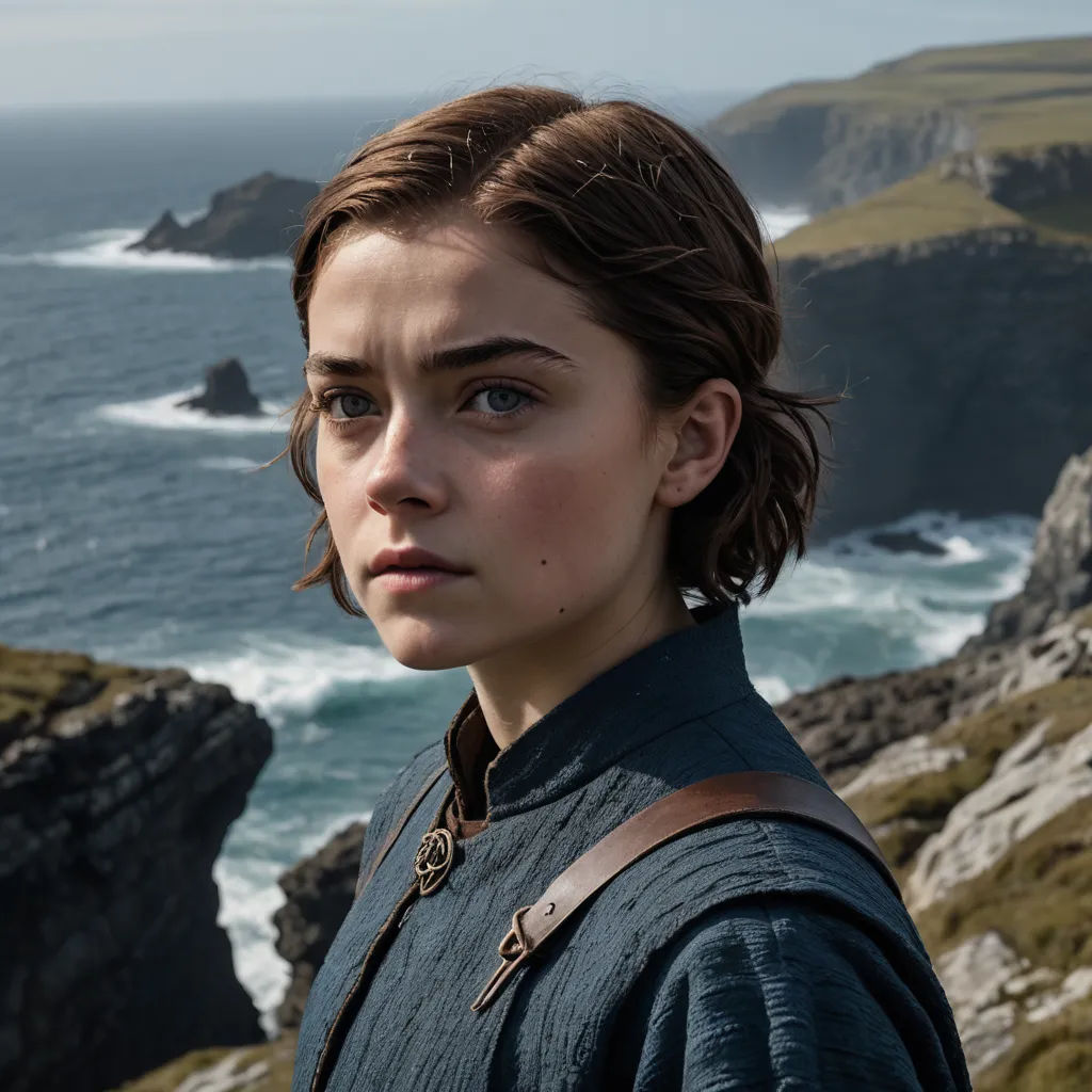 a woman standing on a cliff overlooking the ocean with a cliff in the background and a cliff in the foreground, pre-raphaelitism, a character portrait, Ada Gladys Killins, promotional image