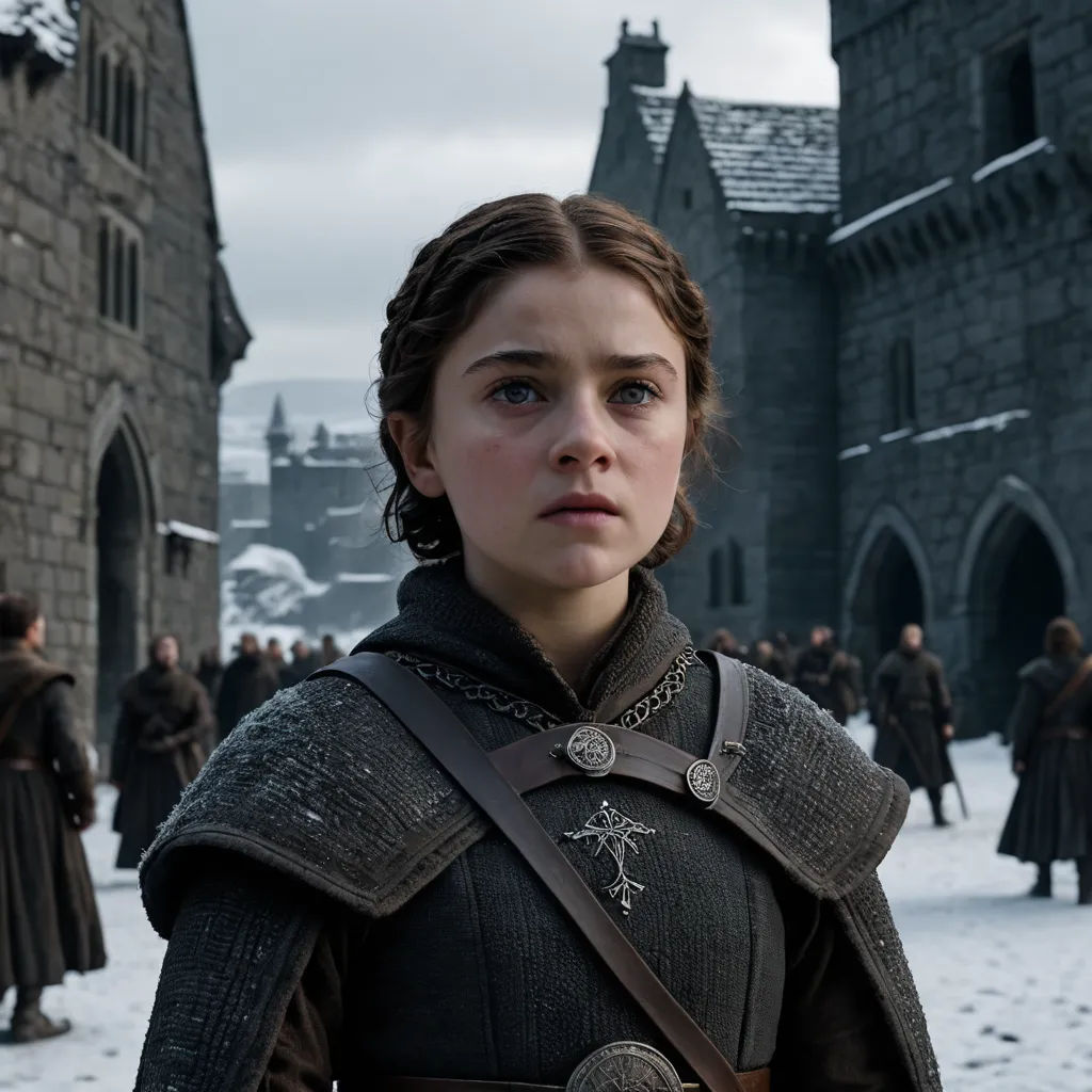 a woman in a medieval outfit standing in front of a castle with a lot of people around her and a lot of snow on the ground, symbolism, a detailed matte painting, Ada Gladys Killins, vfx