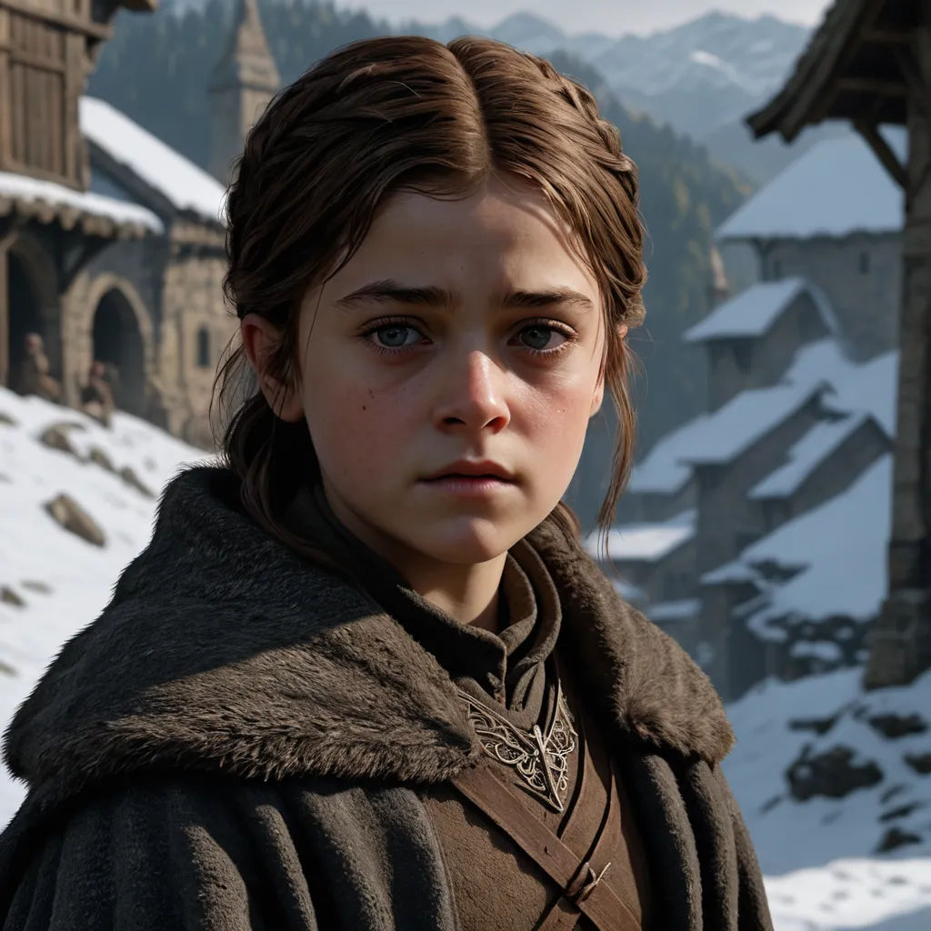a young girl in a brown coat standing in front of a snowy mountain side town with a clock tower, photorealism, a detailed matte painting, Anne Said, unreal engine 5 rendered