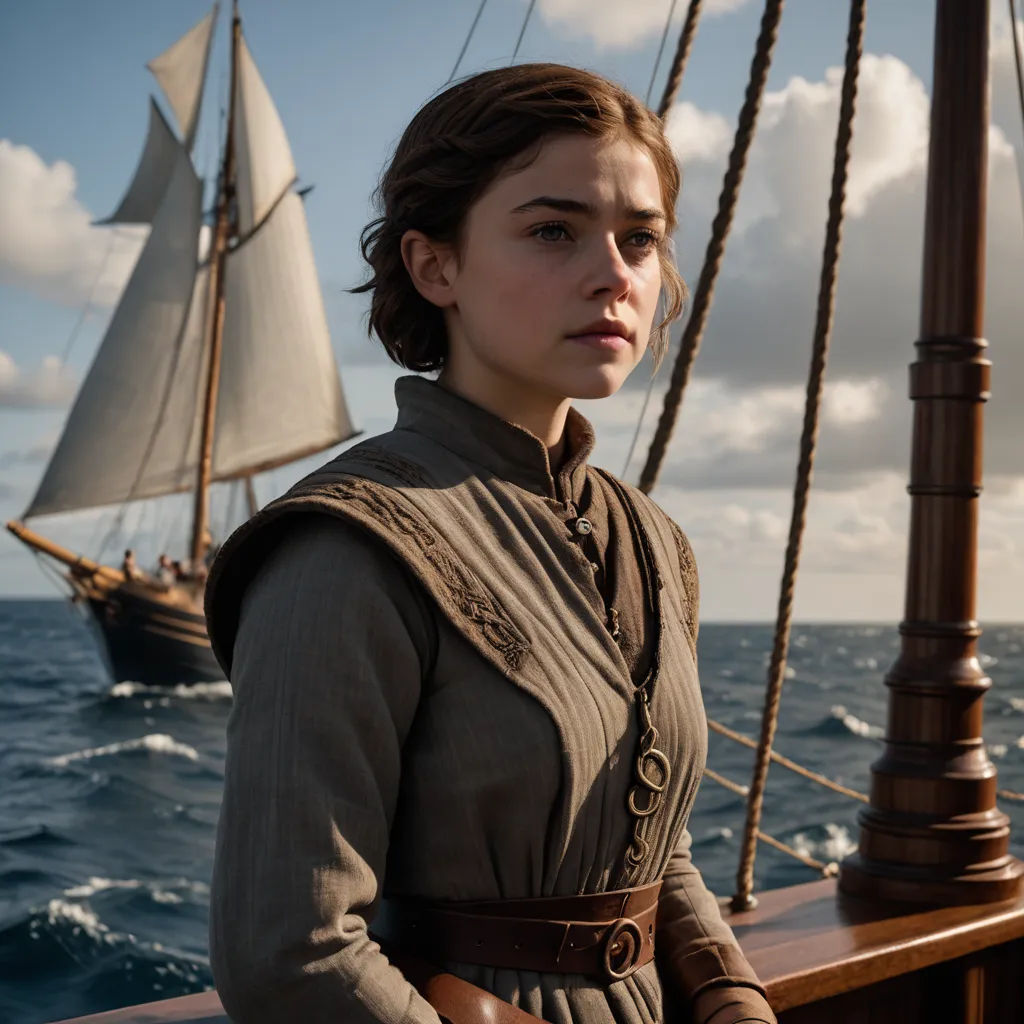 a woman in a brown dress standing on a boat in the ocean with a sailboat in the background, renaissance, a character portrait, Anne Said, promotional image